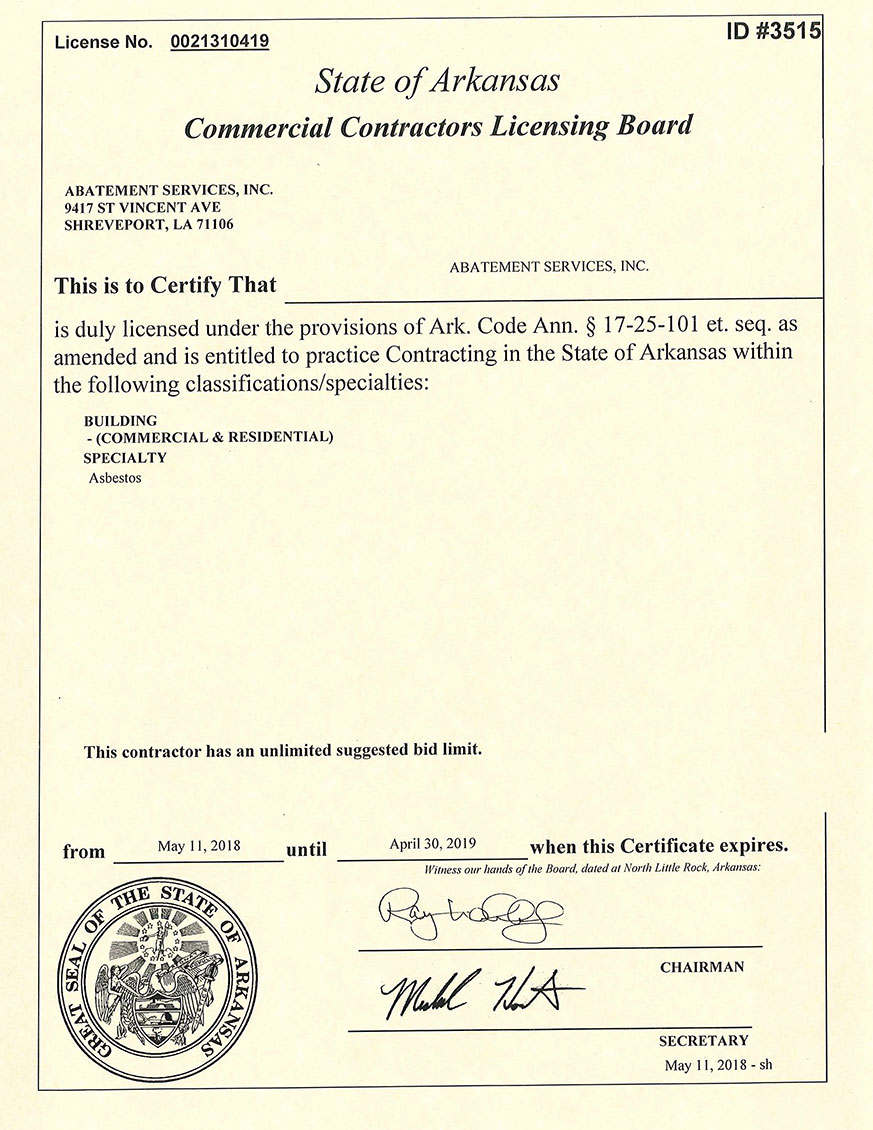 Licenses And Certifications Abatement Services Inc